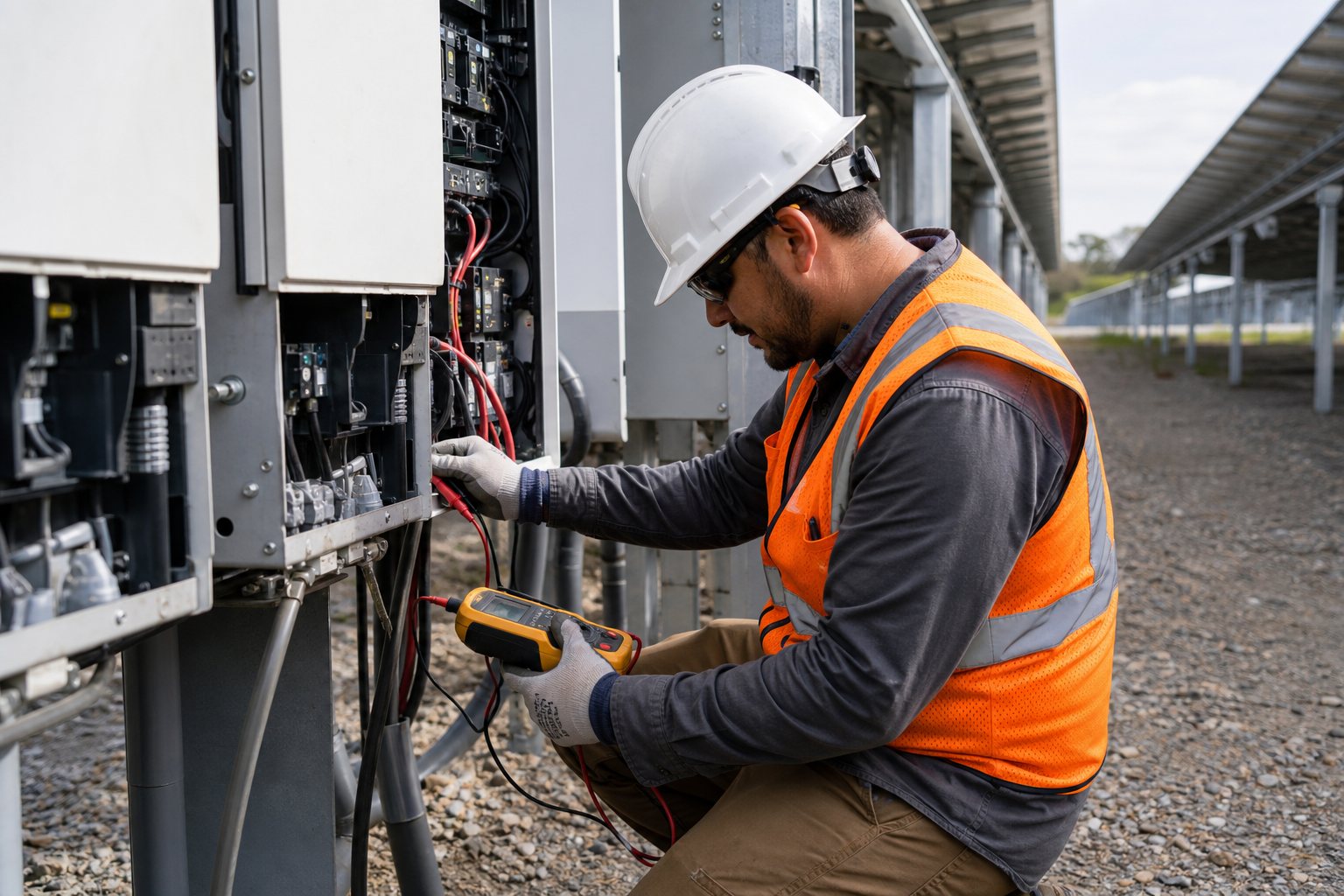 Technician preparing tools at a clean energy worksite