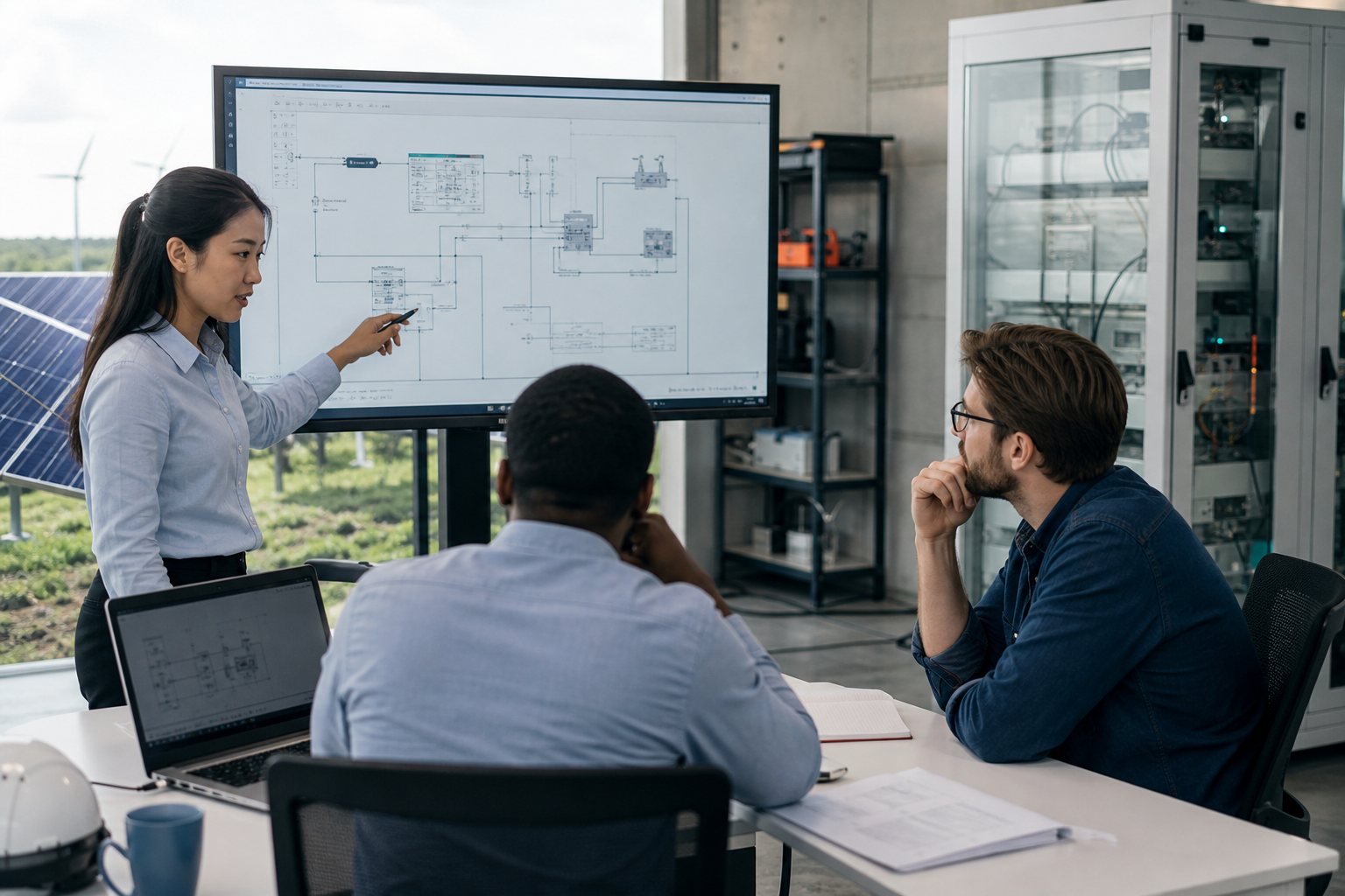 Engineer reviewing clean energy system plans